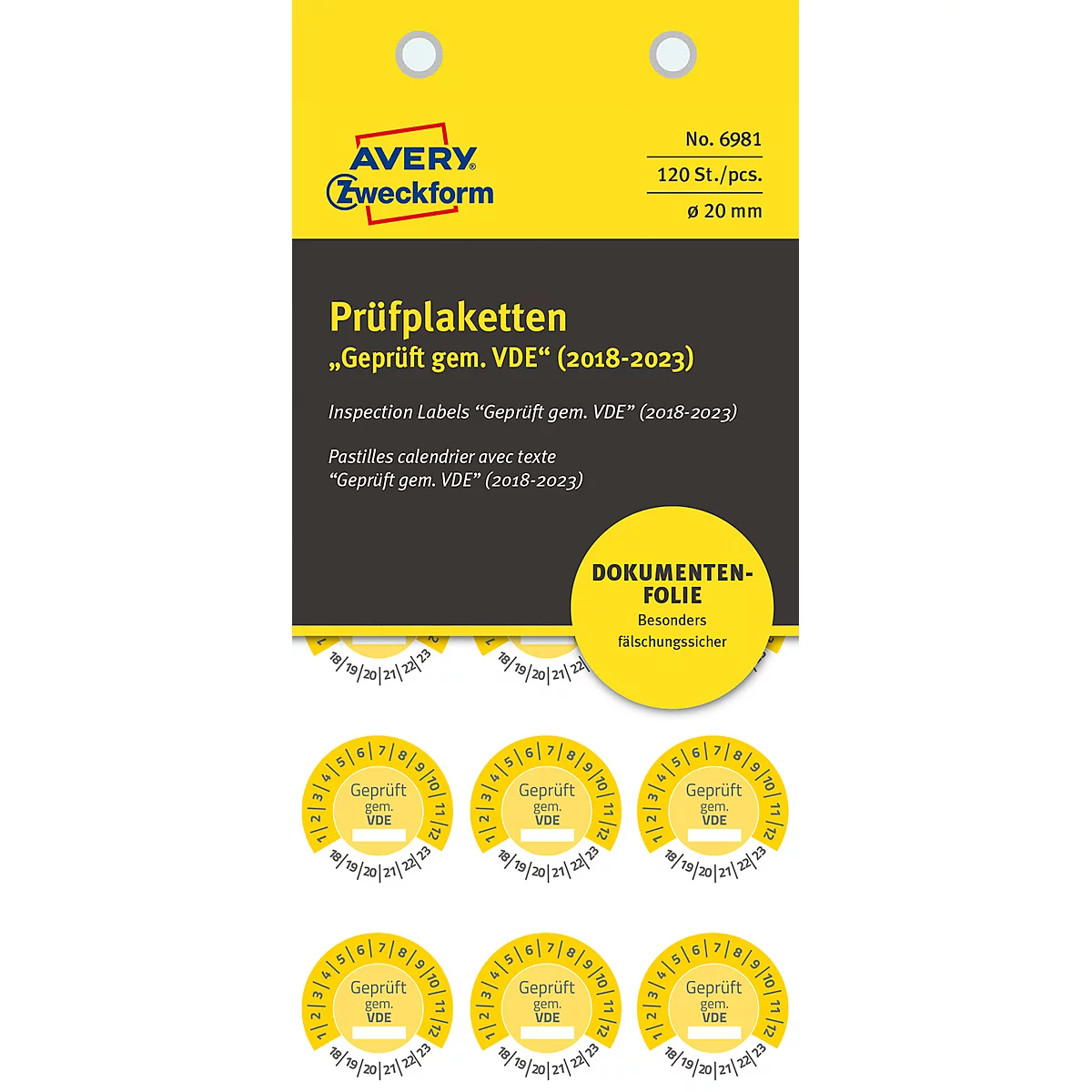 AVERY® Zweckform keuringsstickers 'Gekeurd volg. VDE', 2018-2023, aftrekbestendige folie, geel, Ø 20 mm