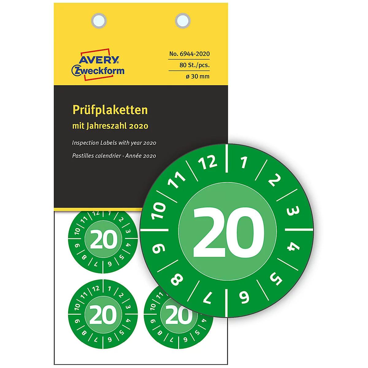 AVERY® Zweckform keuringsstickers, jaartal 2020 groen, vinyl, Ø 30 mm, 80 stuks