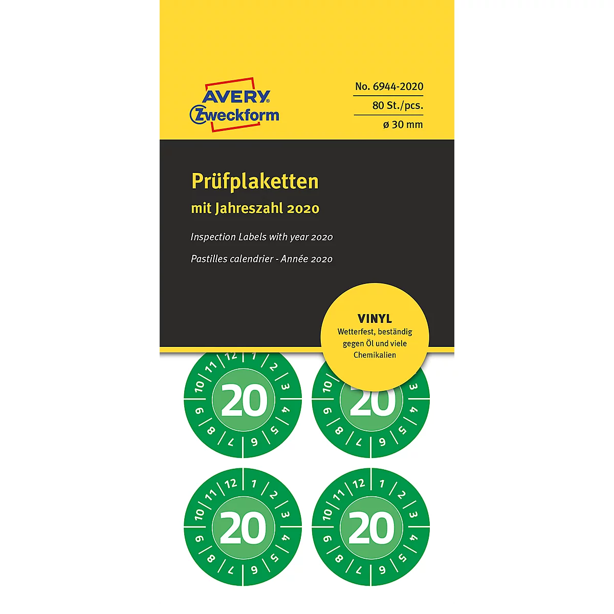 AVERY® Zweckform keuringsstickers, jaartal 2020 groen, vinyl, Ø 30 mm, 80 stuks