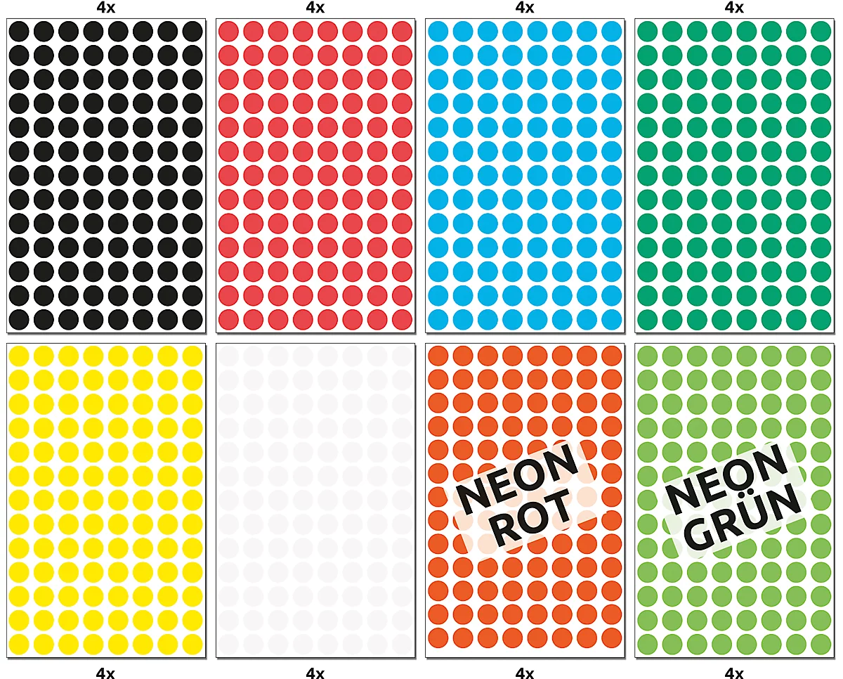 Avery® Zweckform Klebepunkte Set 59994, 3328-teilig, selbstklebend & beschreibbar, 8 Farben, 4 Bögen/Farbe, 416 Punkte/Farbe, Ø 8 mm, 100 % recycelbar