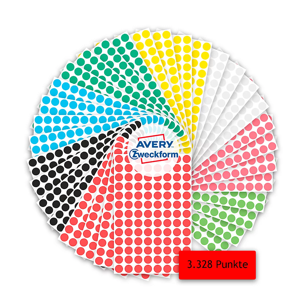 Buntes Sortiment an runden Etiketten. Geordnet nach Farben, darunter blau, grün, gelb, rot, rosa und weiß. Auf rotem Feld: 3.328 Punkte.