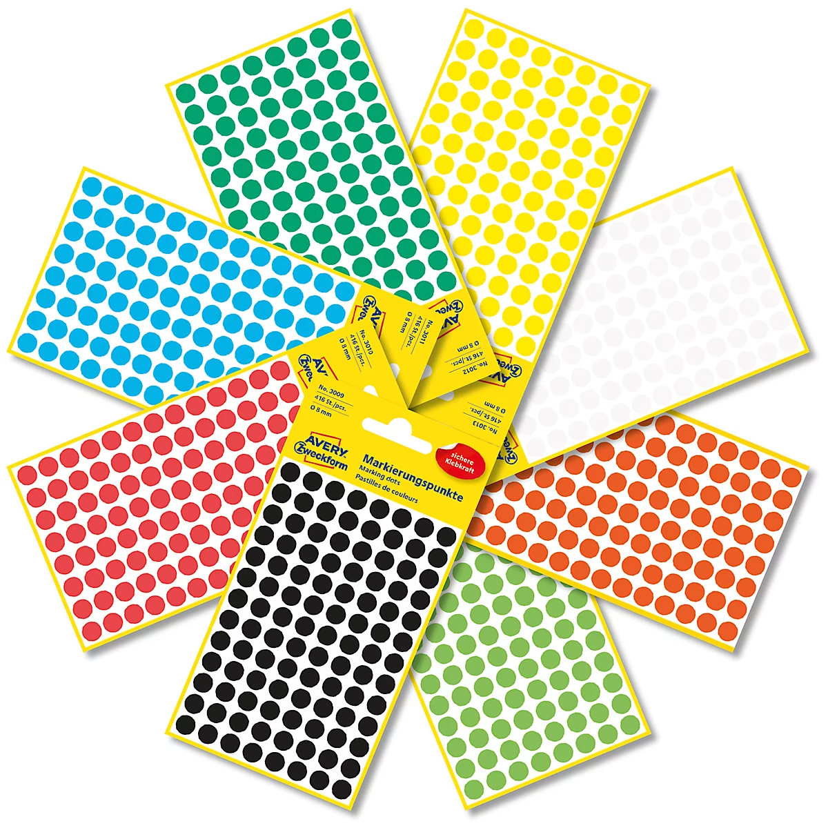 Verschiedene Farben von Markierungspunkten auf Blättern, einige mit Produktverpackung. Der Aufdruck lautet 'AVERY Zweckform'.
