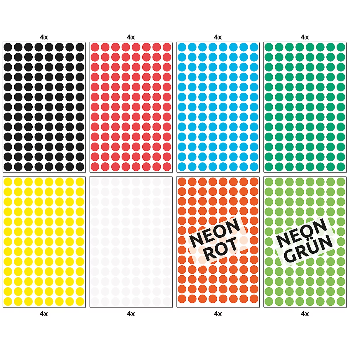 Acht Karten mit bunten Klebepunkten, von Schwarz bis Neongrün. Beschriftung: Neonrot, Neongrün, 4x.