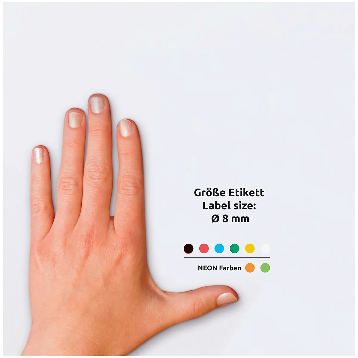 Hand mit ausgestreckten Fingern neben Neonfarben. Text: Größe Etikett, Label size: Ø 8 mm.