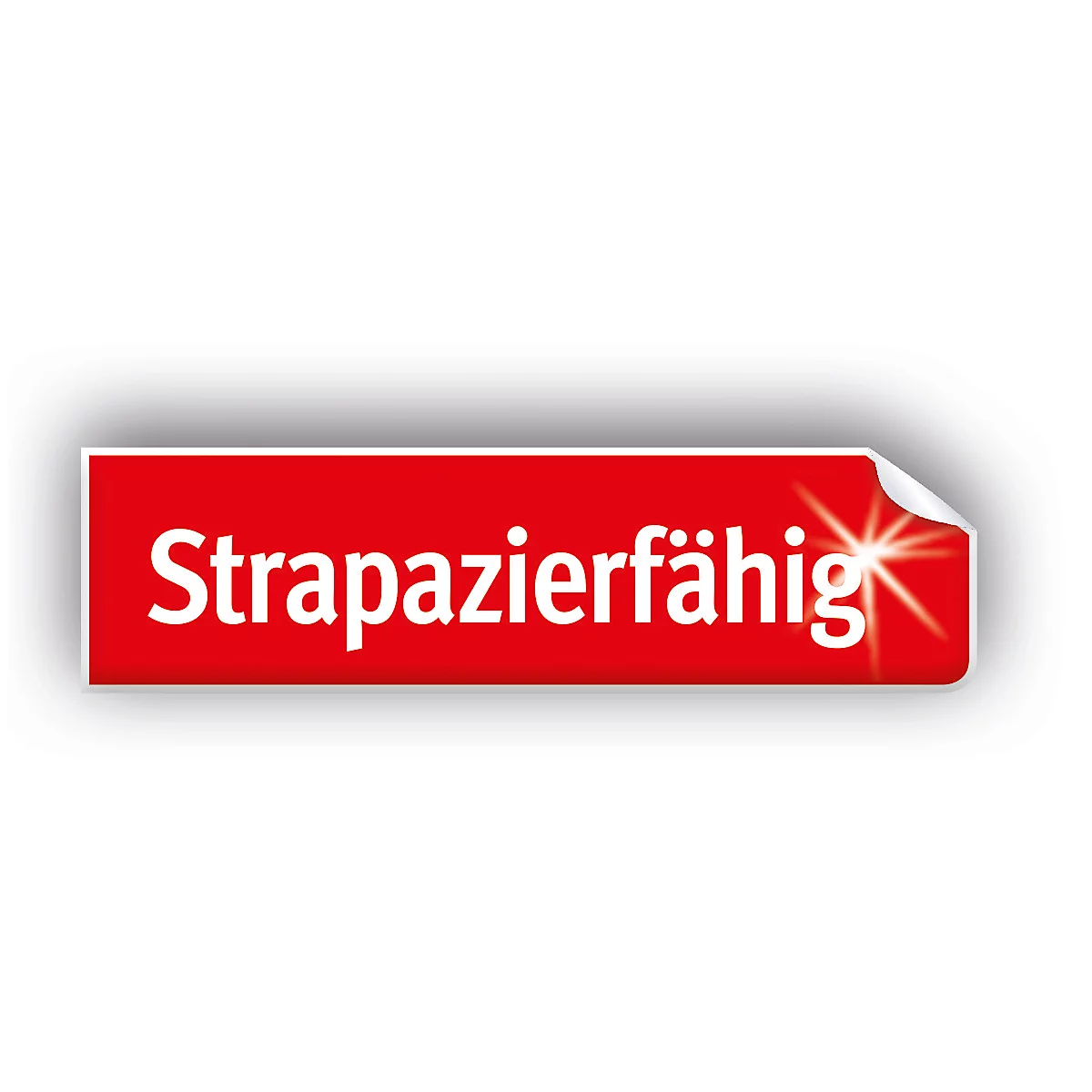 Rotes rechteckiges Label mit der weißen Aufschrift "Strapazierfähig".