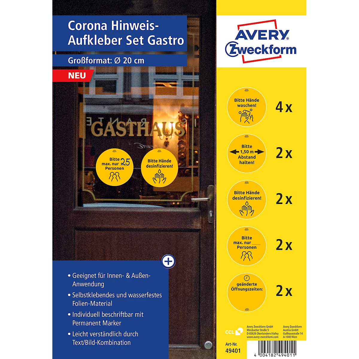 AVERY® Zweckform kleefetiketten 49400 Corona, ontwerpen speciaal voor gastro, beschrijfbaar, rond, geel, 12 st.