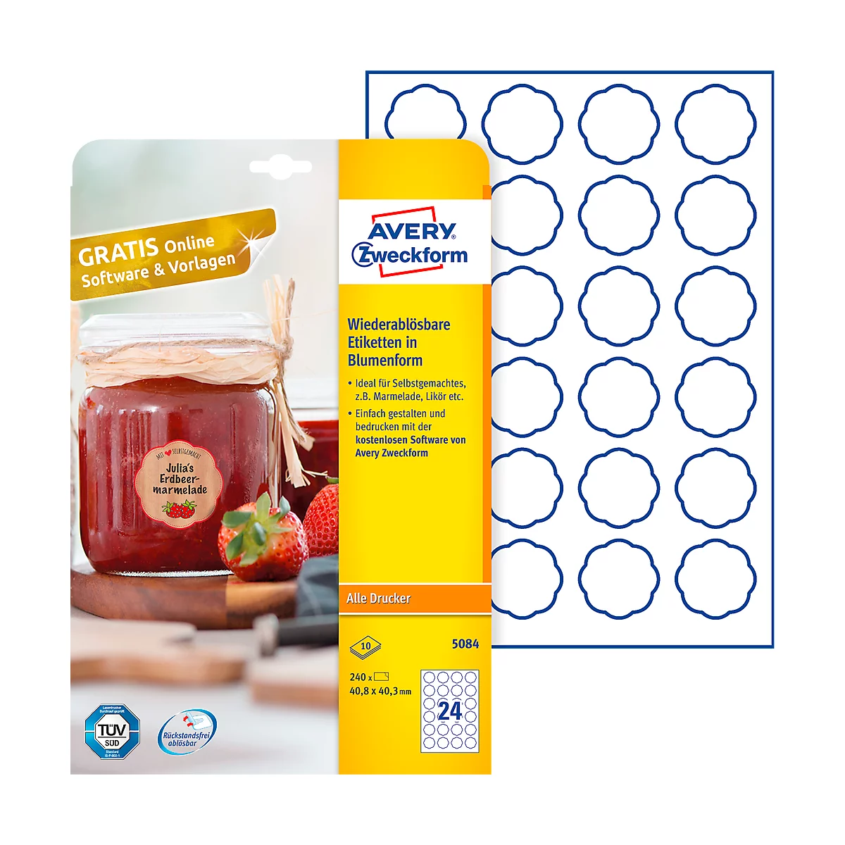 AVERY® Zweckform kleefetiketten, blanco, 40,8 x 40,3 mm, 240 stuks, bloemvorm,