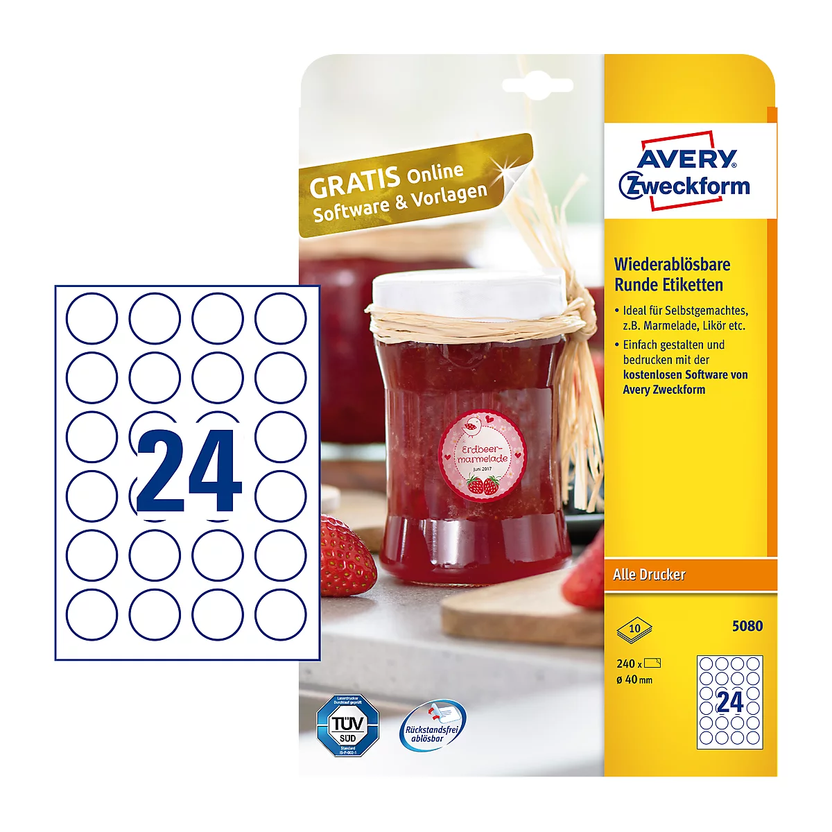 AVERY® Zweckform kleefetiketten, blanco, Ø 40 mm, rond, voor alle printers, wit