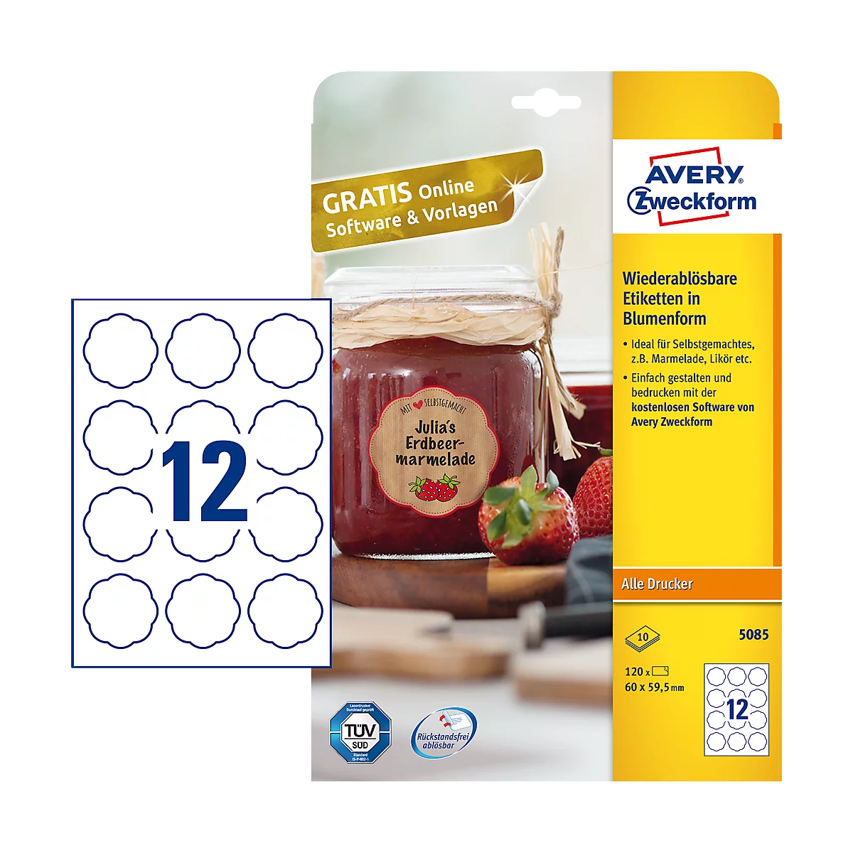 Avery Zweckform kleefetiketten, blanco, 60 x 59,5 mm, 120 stuks, bloemvorm, voor alle printers