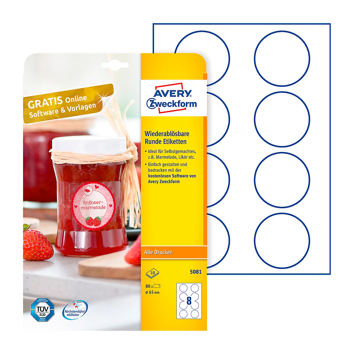AVERY® Zweckform kleefetiketten, blanco, Ø 65 mm, rond, voor alle printers, wit