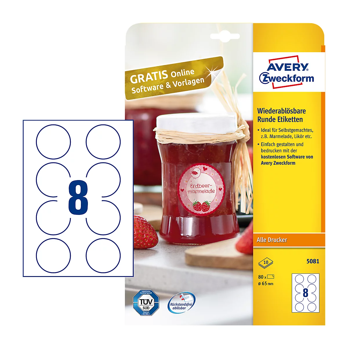 AVERY® Zweckform kleefetiketten, blanco, Ø 65 mm, rond, voor alle printers, wit