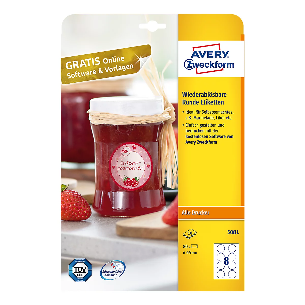 AVERY® Zweckform kleefetiketten, blanco, Ø 65 mm, rond, voor alle printers, wit