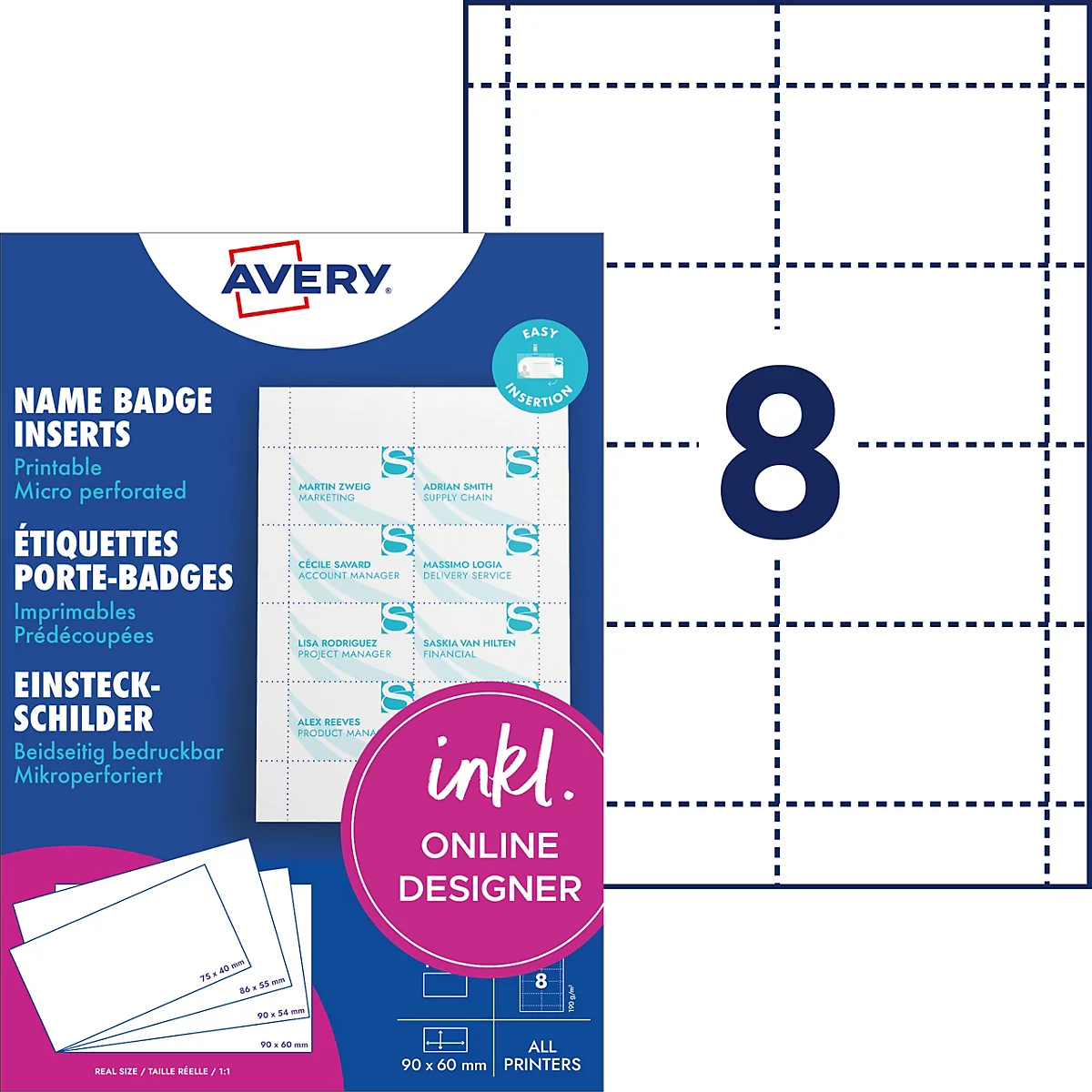 Avery Namensschild-Einsteckschilder, 8 Stück pro Bogen, mikroperforiert, druckbar mit Online-Designer.