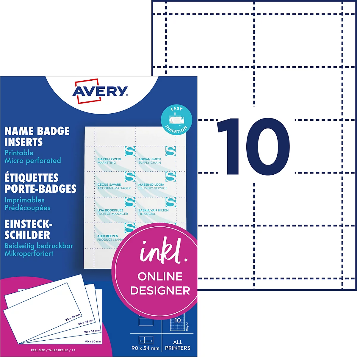 Avery naamkaartjes voor badges op een A4-vel met perforatie en online ontwerptool.