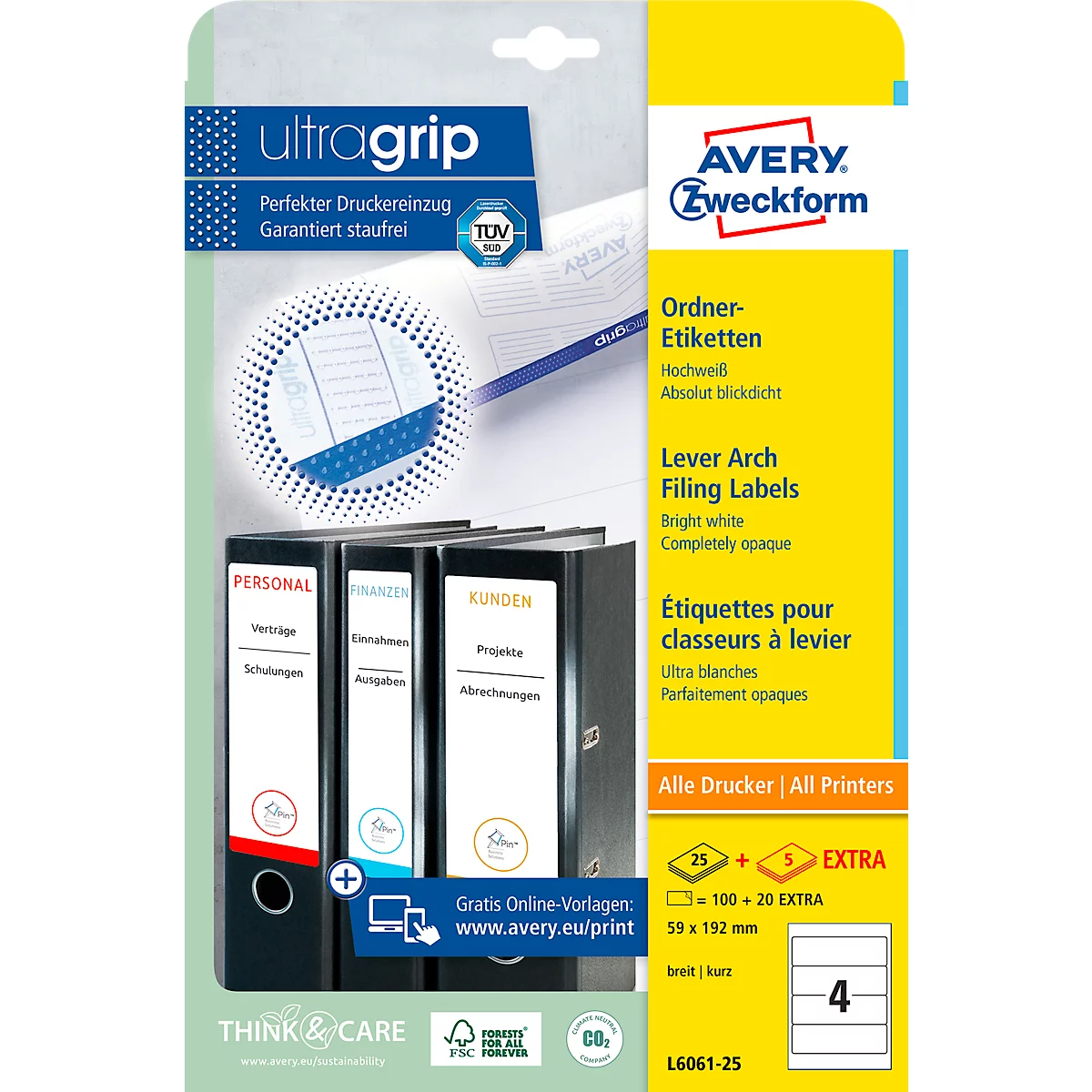 Product packaging with file folder labels and folders. Printed text is legible. Yellow, white, and black dominate the image.