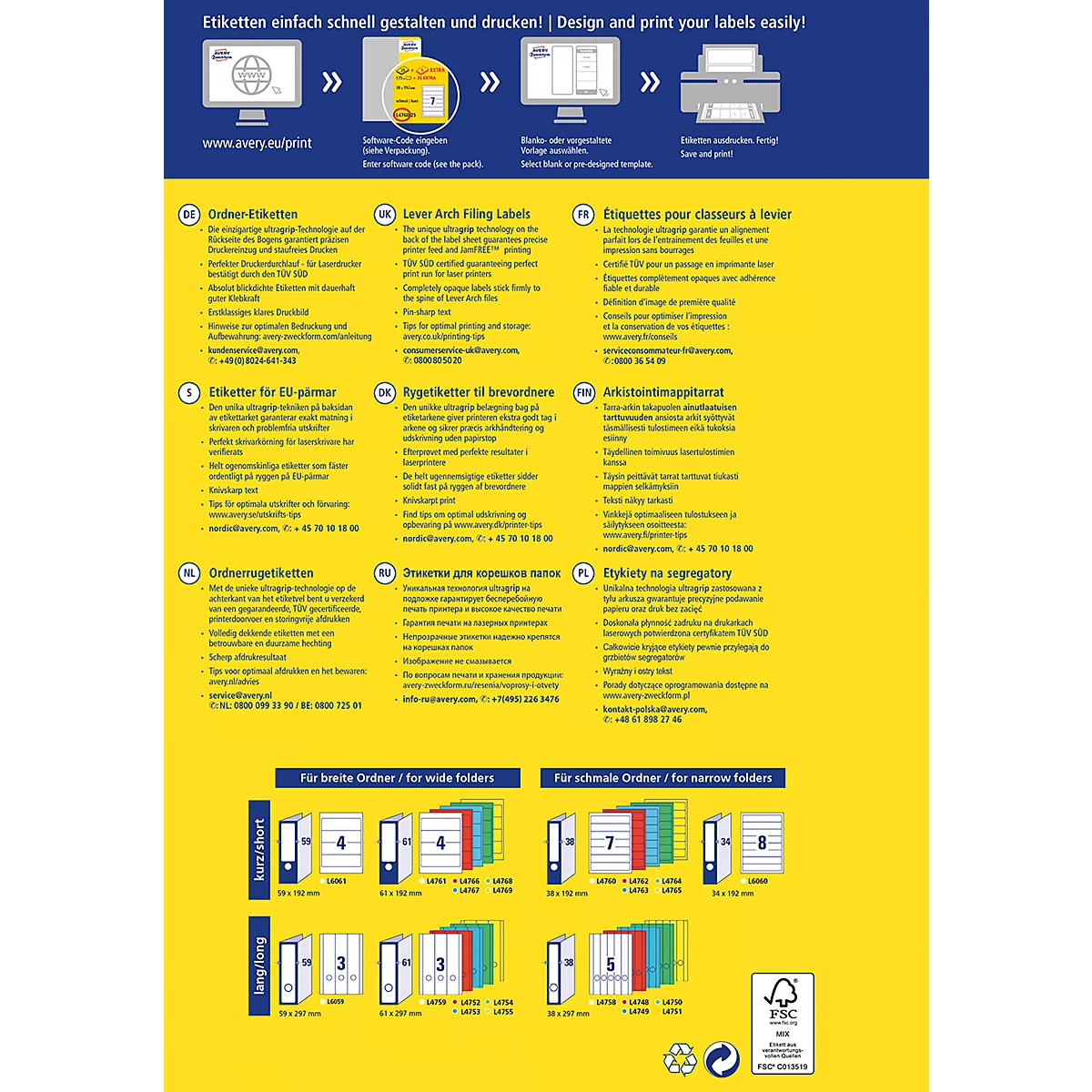 Yellow and blue poster with text and icons. Top: "Design and print your labels easily!". Below are different label options.