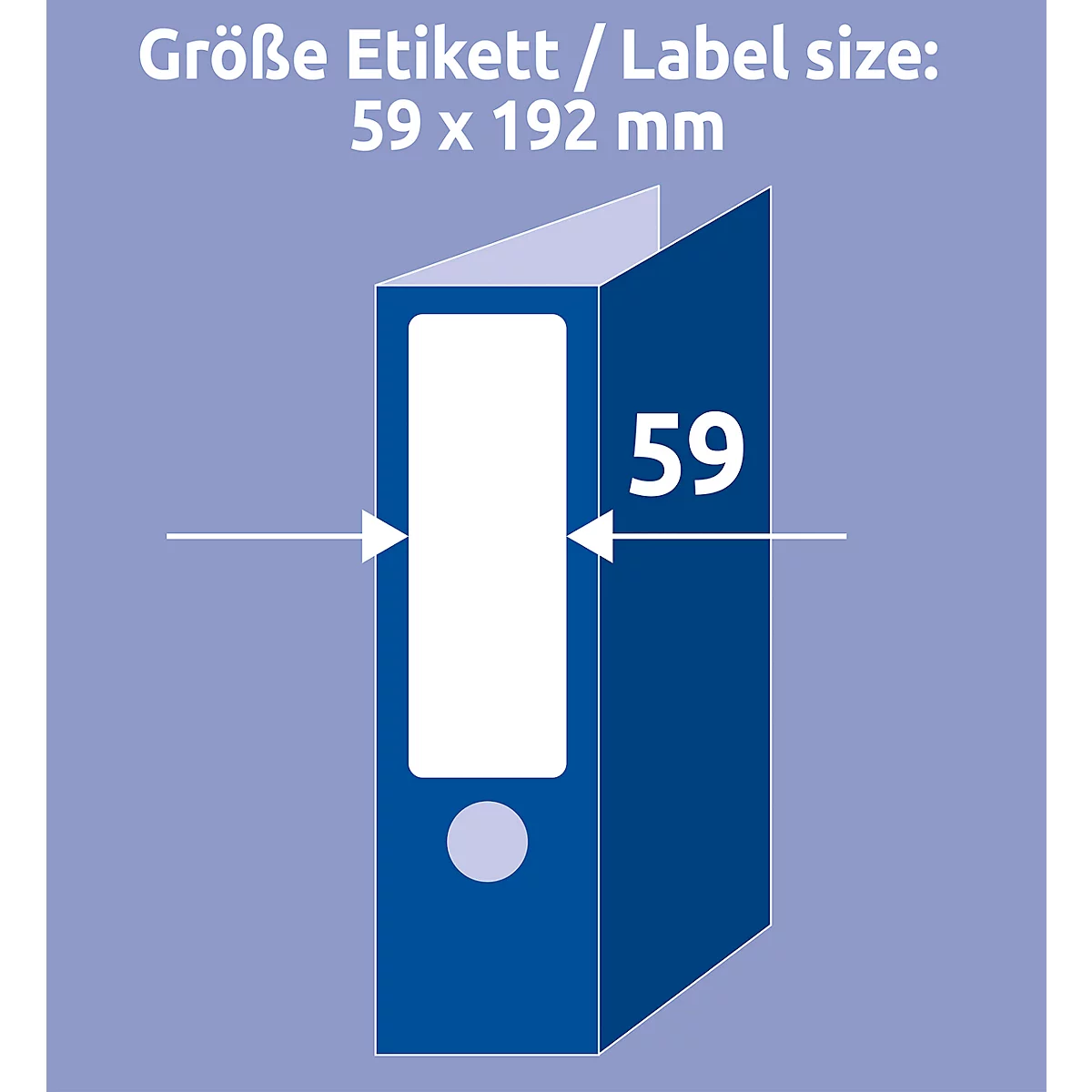 Blue file folder with white label and the number "59". At the top: "Label size: 59 x 192 mm".