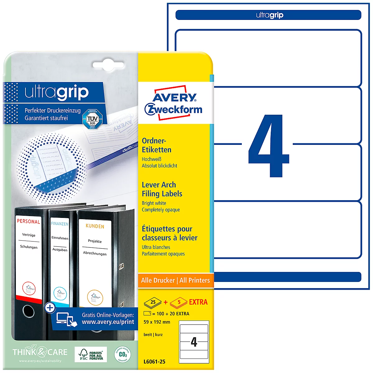 Avery Zweckform L6061, ultragrip, 25 Ordner-Etiketten, 59 x 192 mm