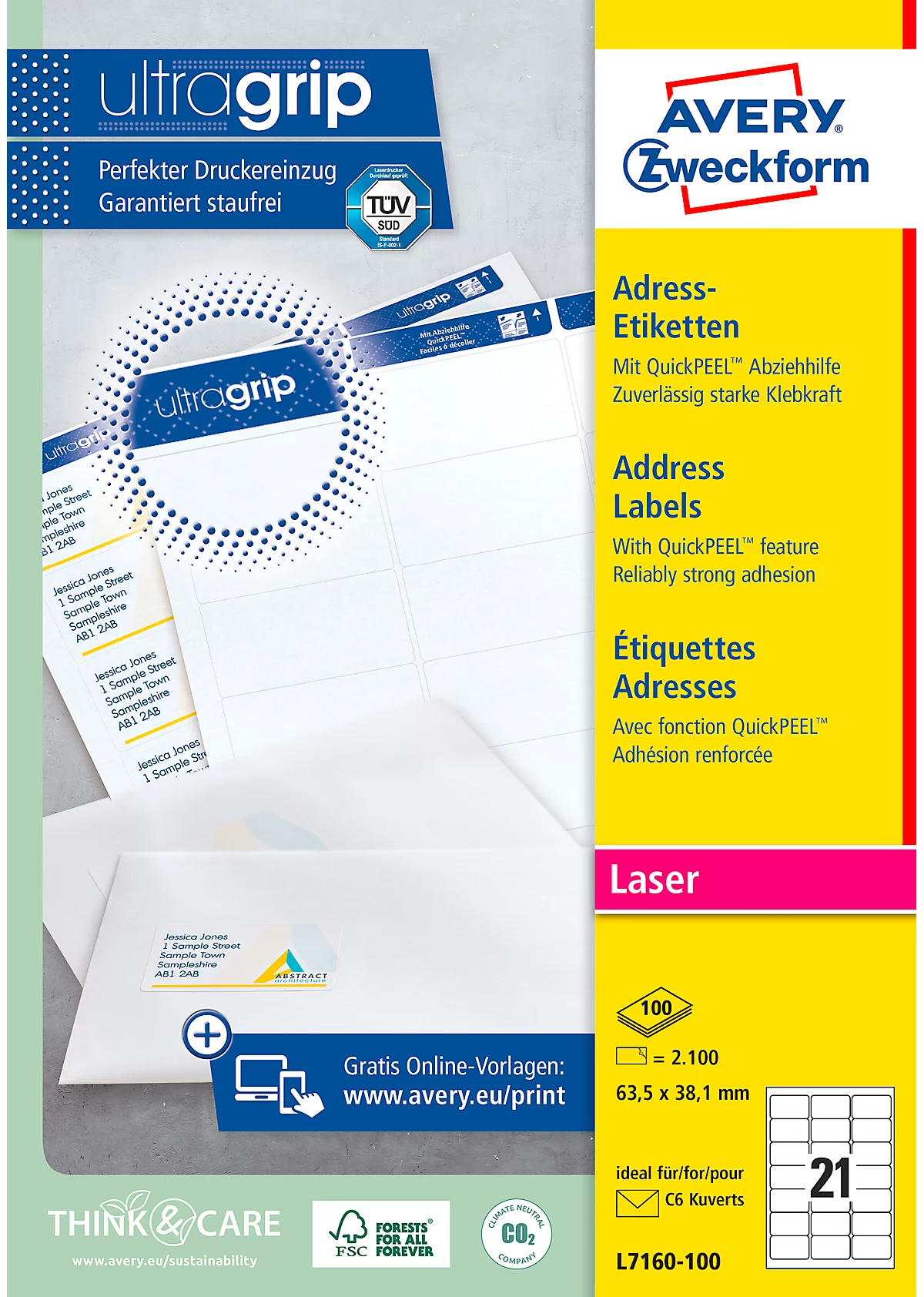 Avery Zweckform L7160-100 Adress-Etiketten, ultragrip, 63,5 x 38,1 mm, DP INTERNETMARKE geeignet