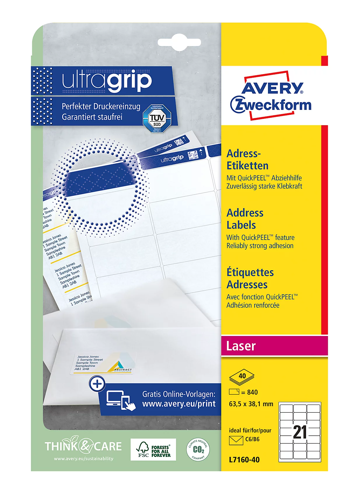 Avery Zweckform L7160-40 Adress-Etiketten, ultragrip, 63,5 x 38 mm