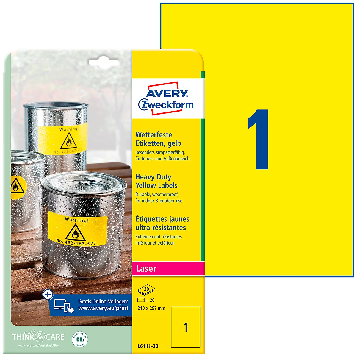Yellow Avery Zweckform labels with a warning symbol on metal barrels. Next to it, yellow sheet with large blue "1".
