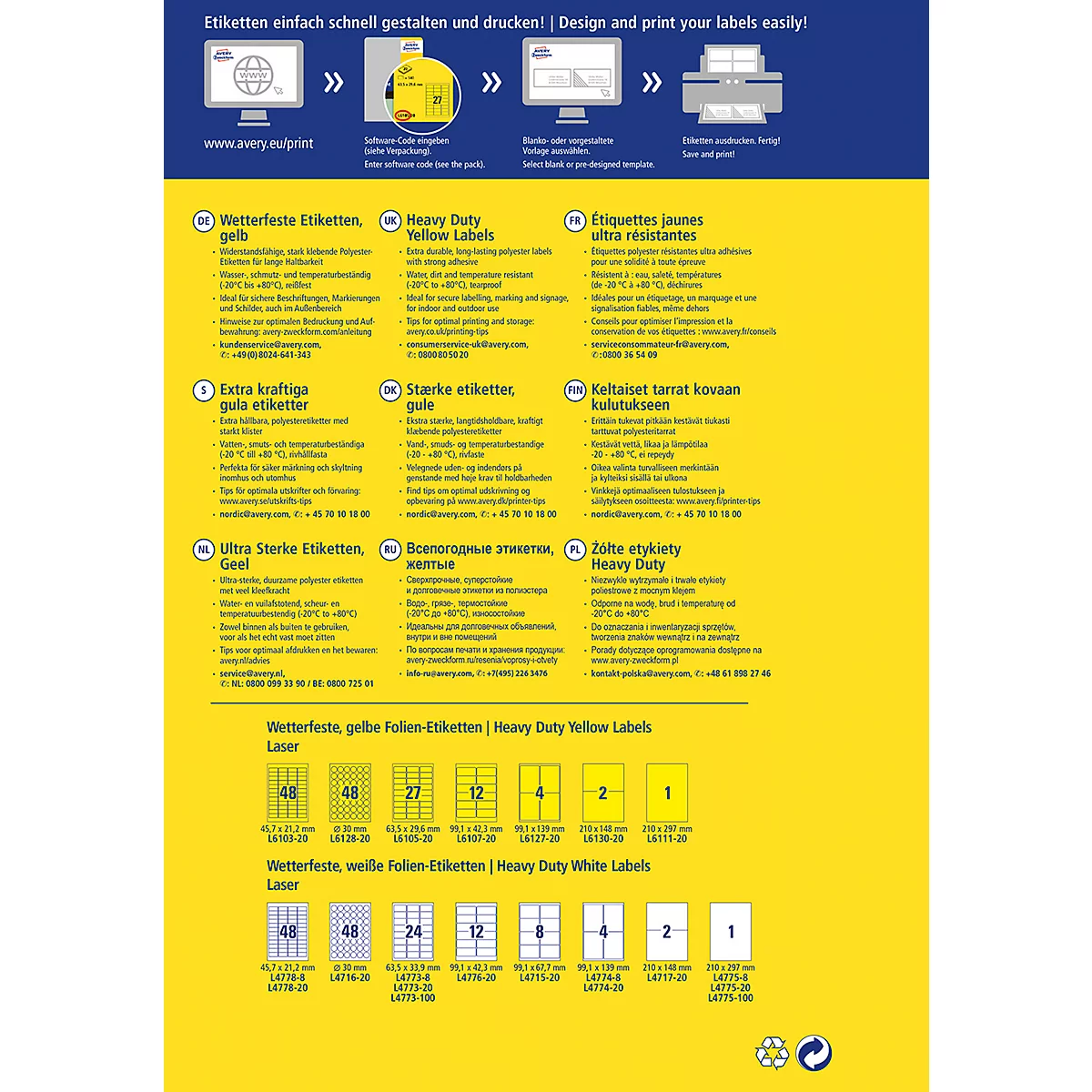 Yellow and blue informational sheet with label examples and design process illustrations.