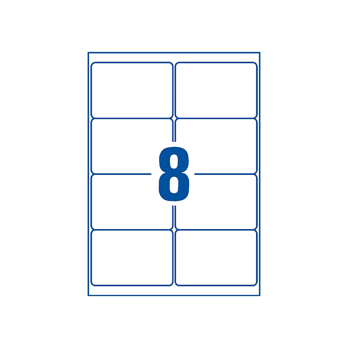 Sheet with eight rectangular stickers outlined in blue. A blue "8" in the middle.