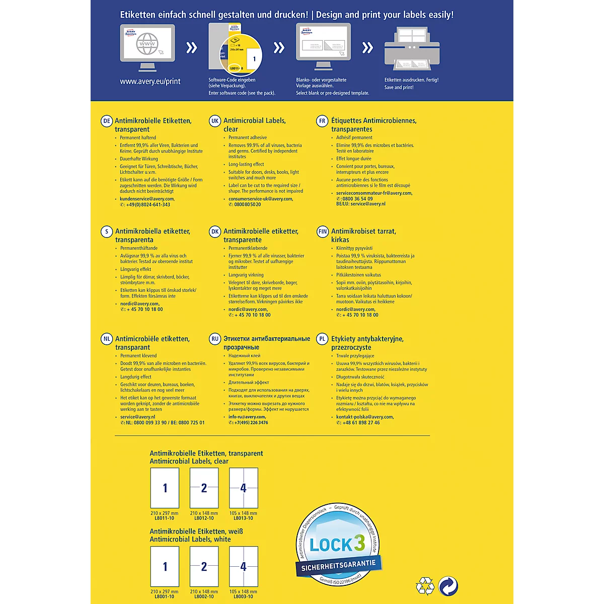 Yellow flyer with product information, text in various languages, and label examples.