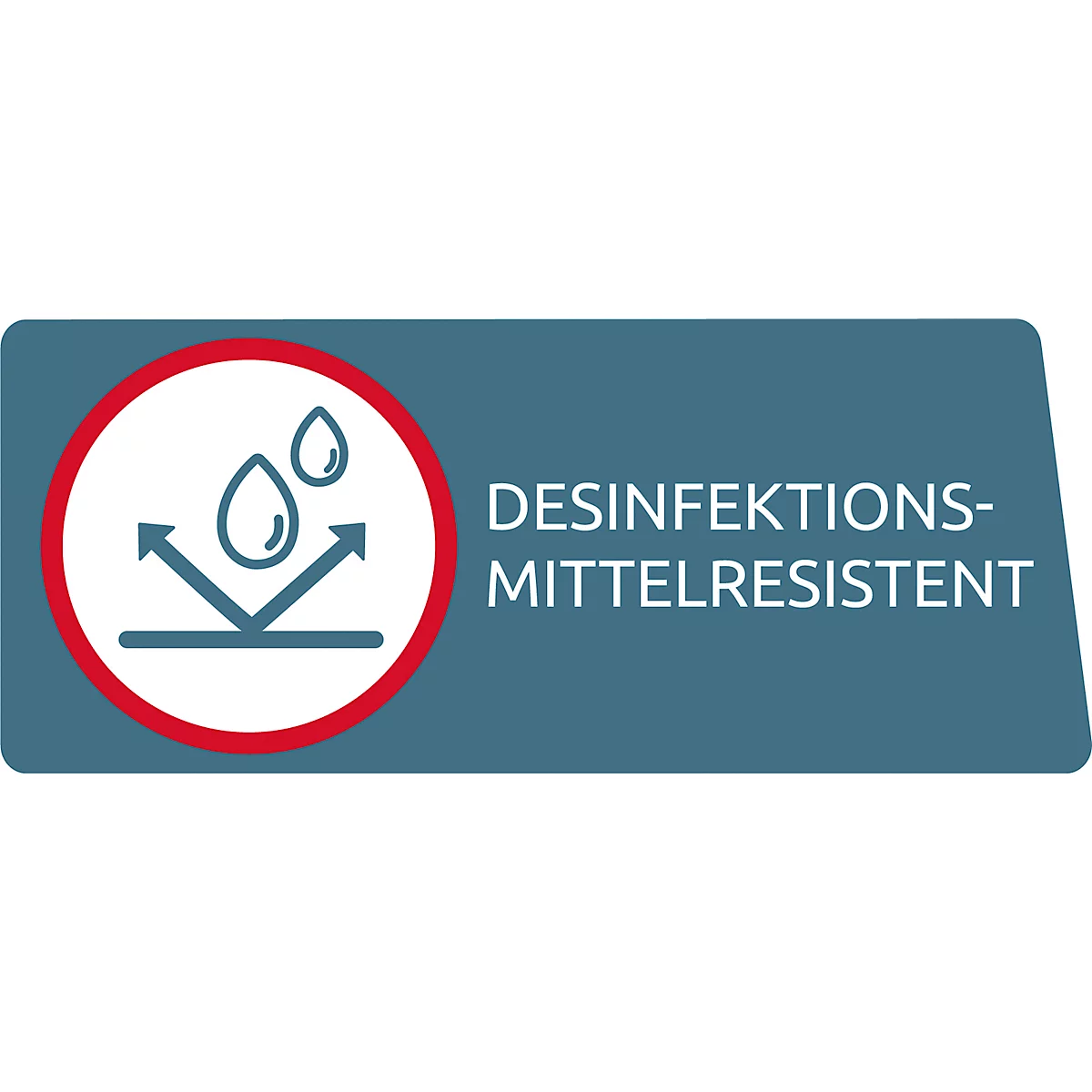 Symbol for disinfectant resistance: red circle with drop symbol and arrows on a blue background.