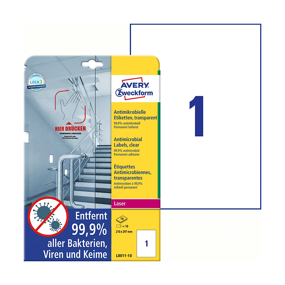 A package of antimicrobial labels from Avery Zweckform with the note "Removes 99.9% of all bacteria, viruses and germs".