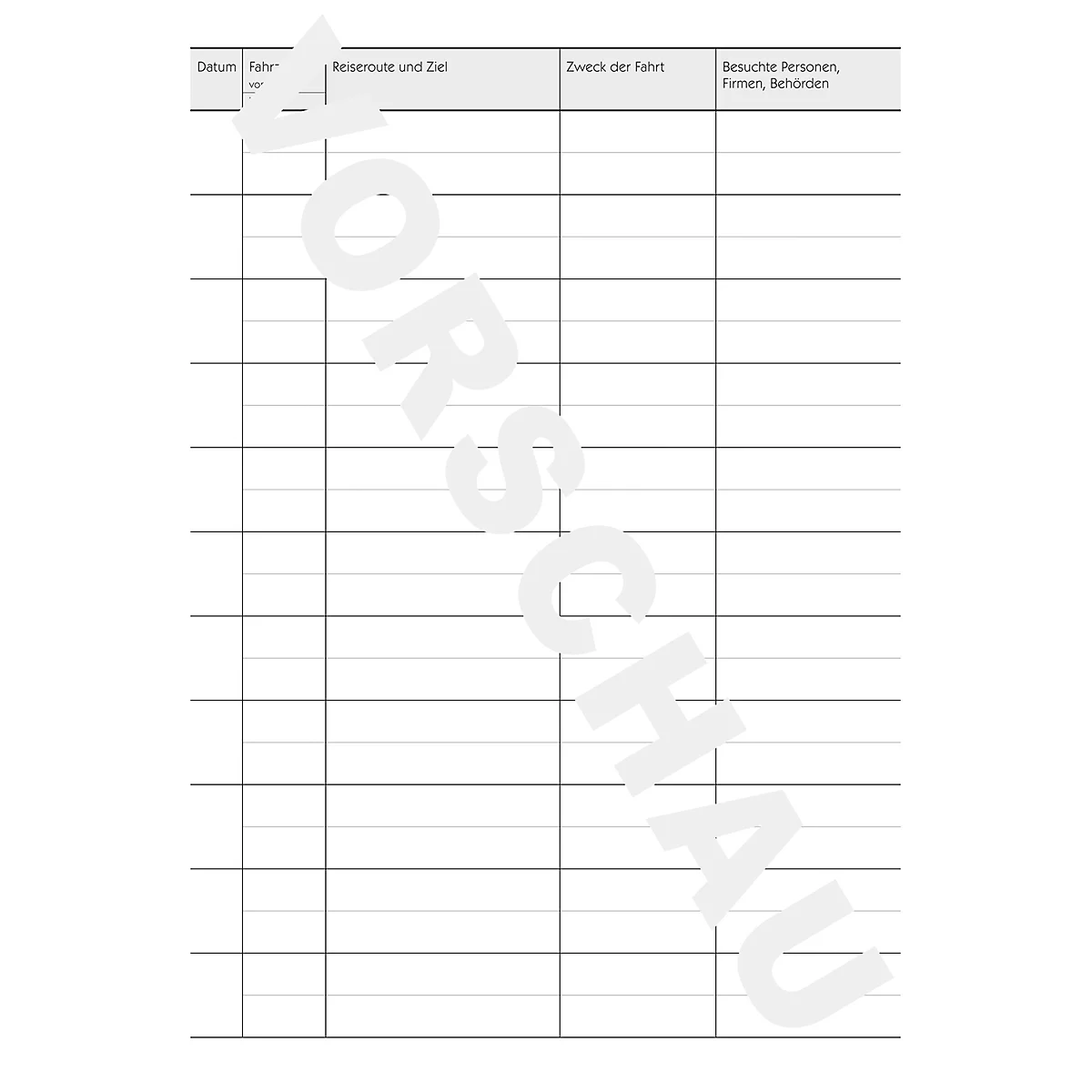 A tabular template with gray lines. At the top are column headings such as "Date", "Driver", "Route and Destination". In the background is a light gray "VORSCHAU" lettering.