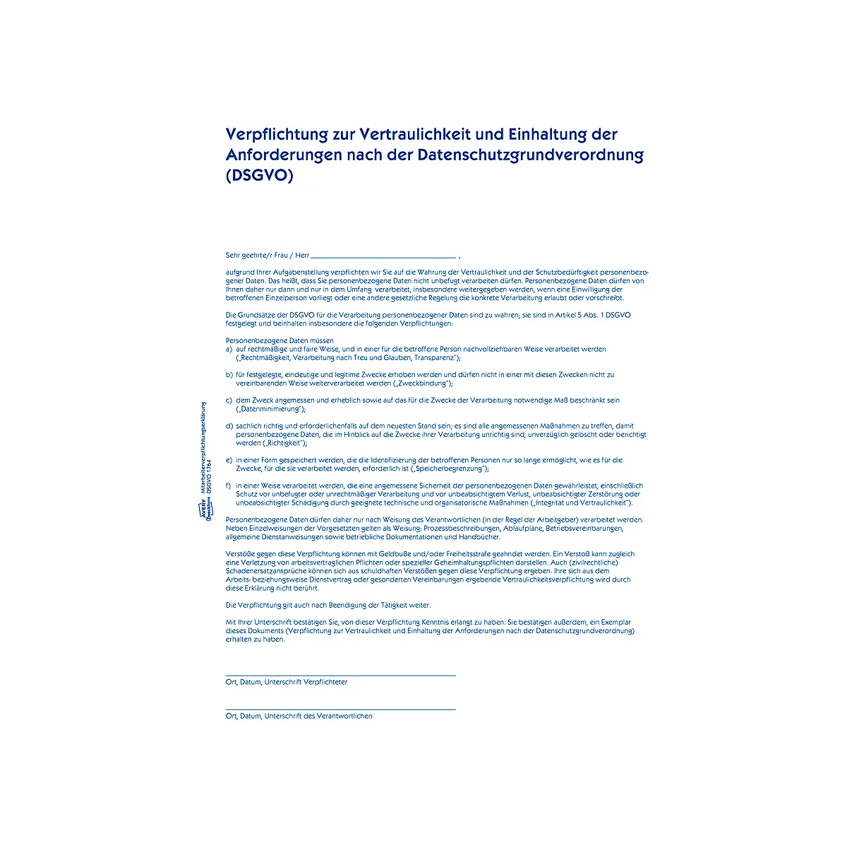 Ein weißes Dokument mit schwarzem Text: Verpflichtung zur Vertraulichkeit und Einhaltung der Anforderungen nach der Datenschutzgrundverordnung (DSGVO).