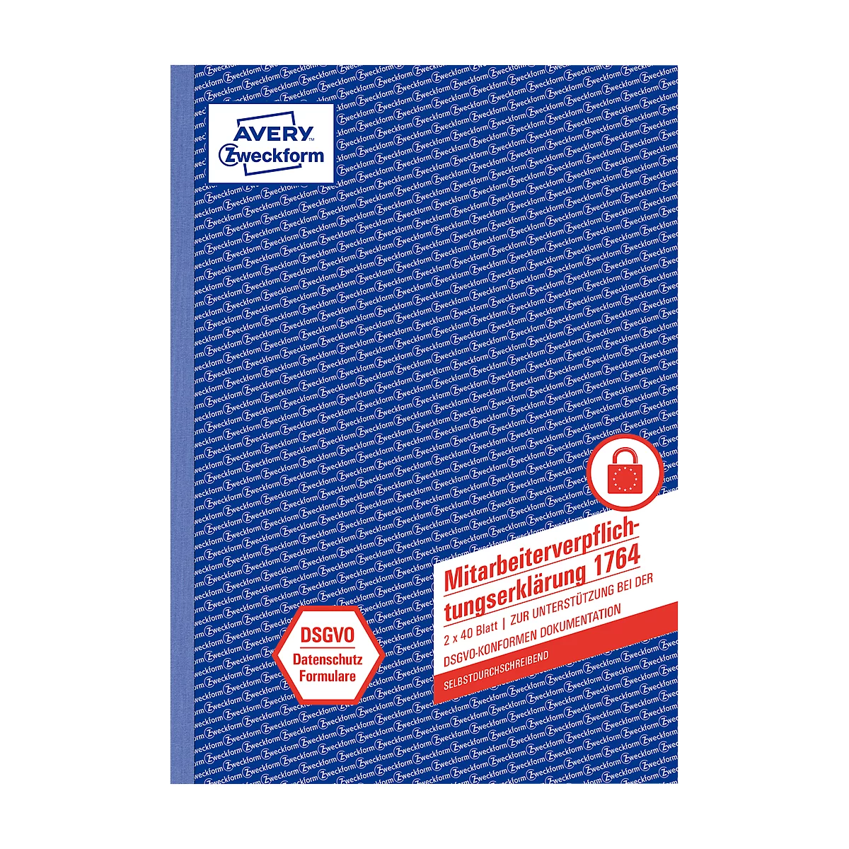 Blaues Buch mit Aufschrift Mitarbeiterverpflichtung 1764, Avery Zweckform. Das DSGVO-konforme Formular hat ein Schloss-Symbol.
