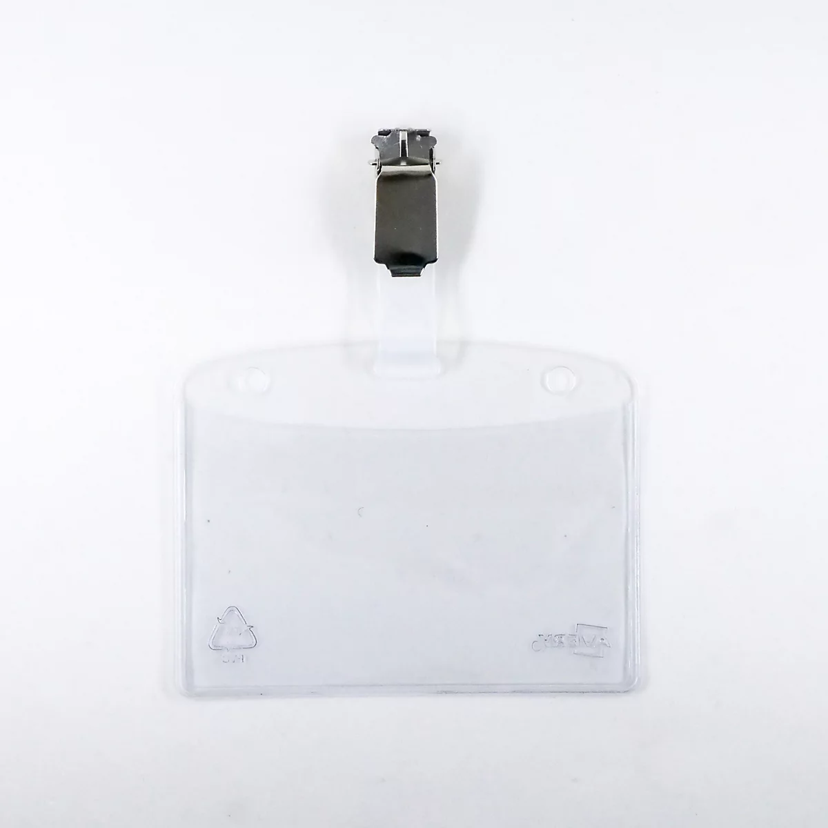Transparante kunststof kaarthouder met metalen clip op een witte achtergrond.