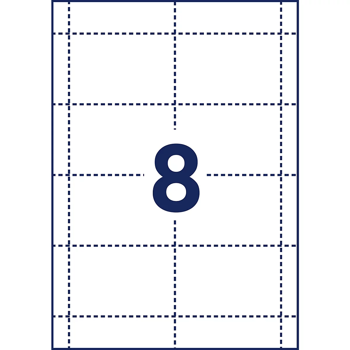 Een wit A4-vel met een blauw cijfer 8 in het midden, verdeeld in acht gelijke rechthoekige vlakken door stippellijnen.