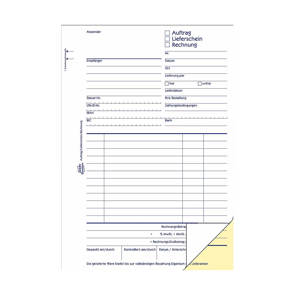 Blue form for order, delivery note and invoice with many fields and tables. Yellow border on the bottom right.