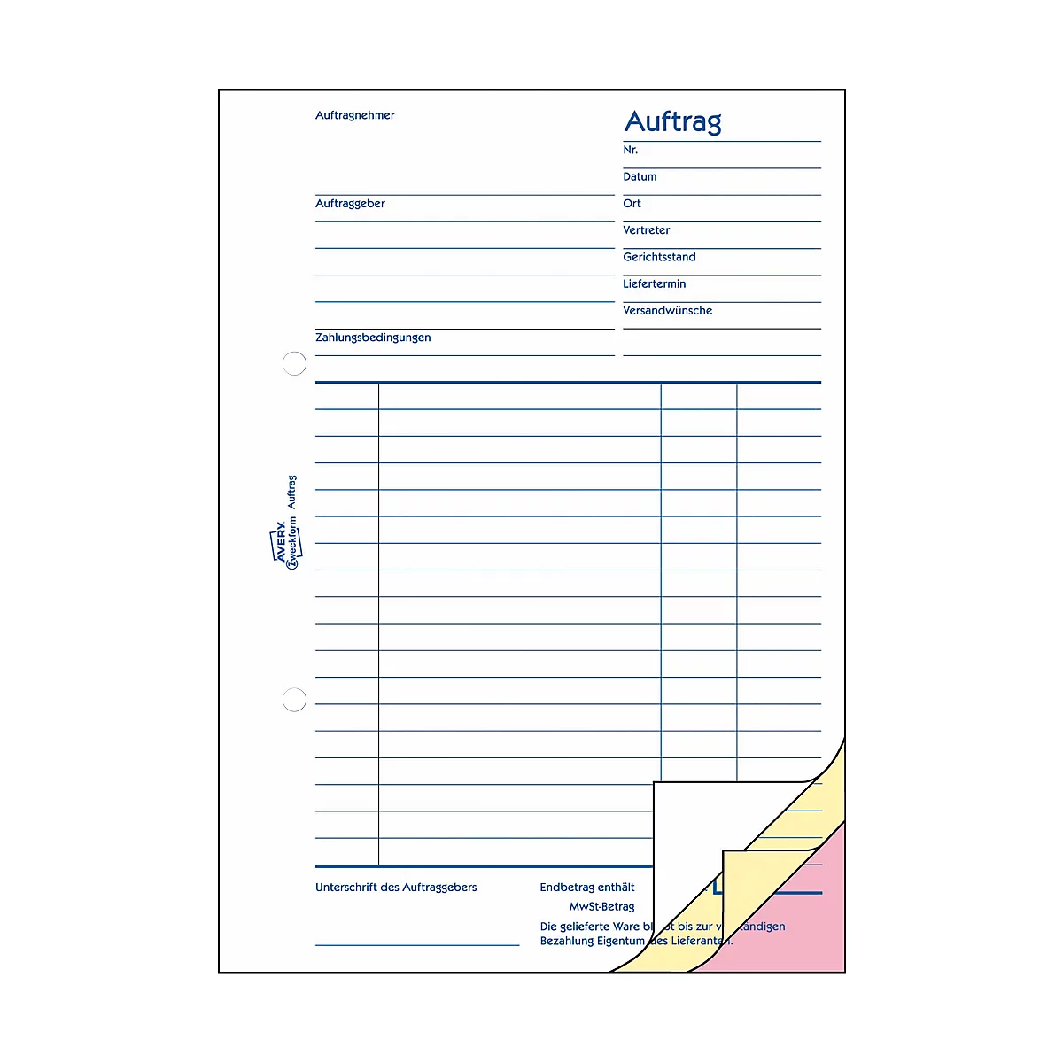 Blue and white "Auftrag" form, with text fields and tables. A stack of yellow, pink, and green paper on the edge.