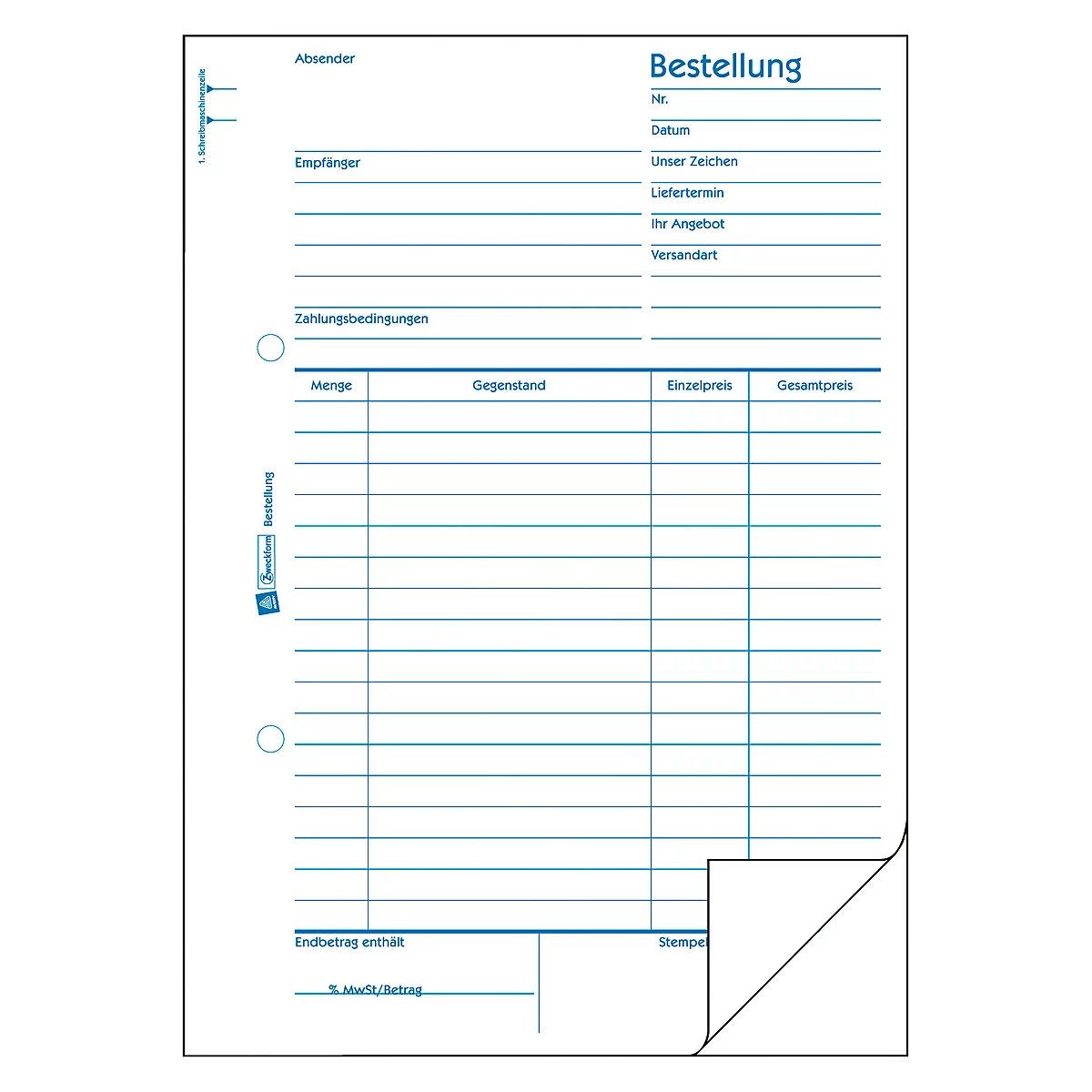 A white order form with blue text and lines. The sheet is perforated and has a folded corner.