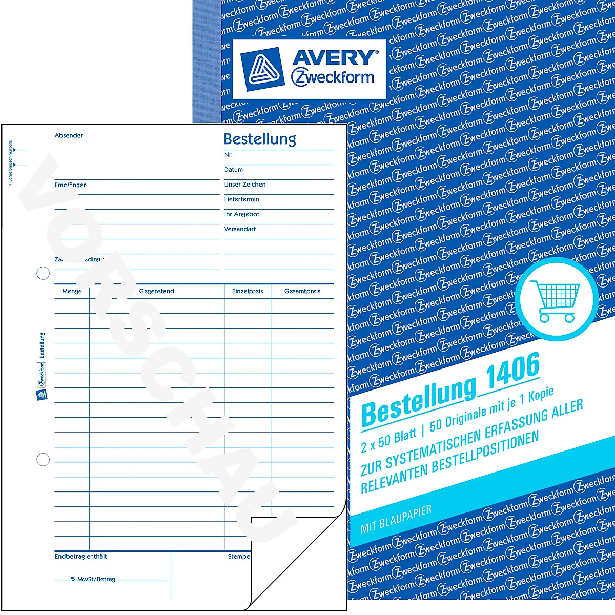 A white order form with blue writing and lines. Next to it a package with logo and product information. Printed text: Bestellung 1406.