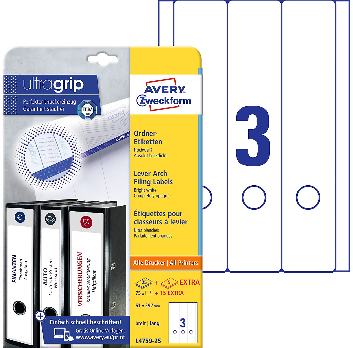 AVERY® Zweckform Ordner-Etiketten, ultragrip, 75 + 15 Stück