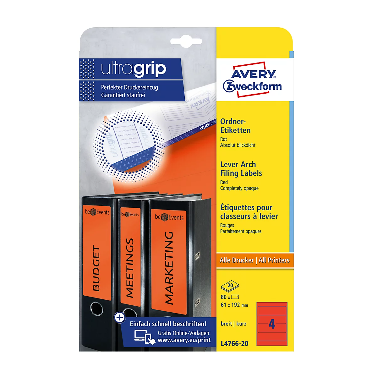 AVERY® Zweckform Ordner-Etiketten, ultragrip, breit, rot, 80 Stück