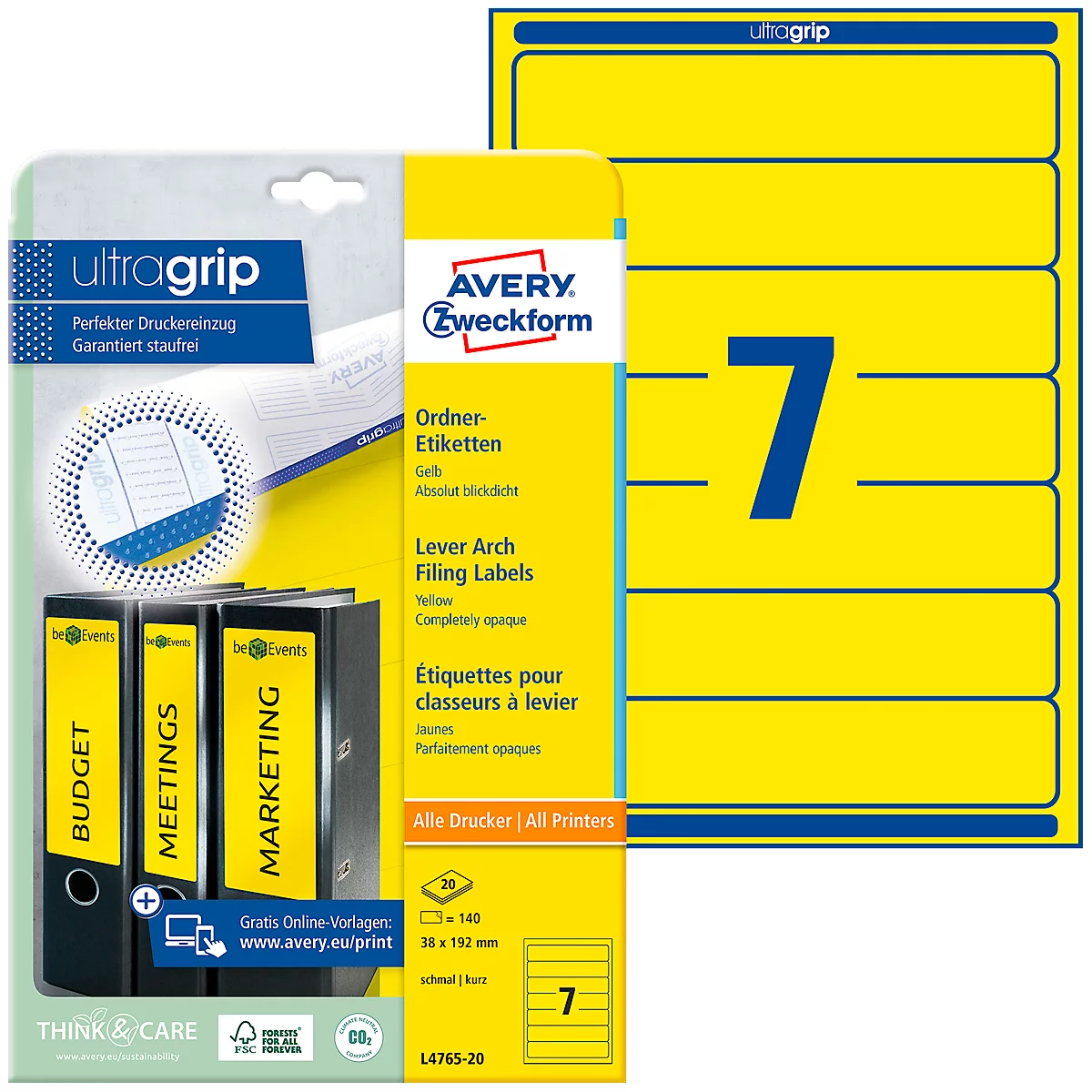AVERY® Zweckform Ordner-Etiketten, ultragrip, schmal, gelb, 140 Stück