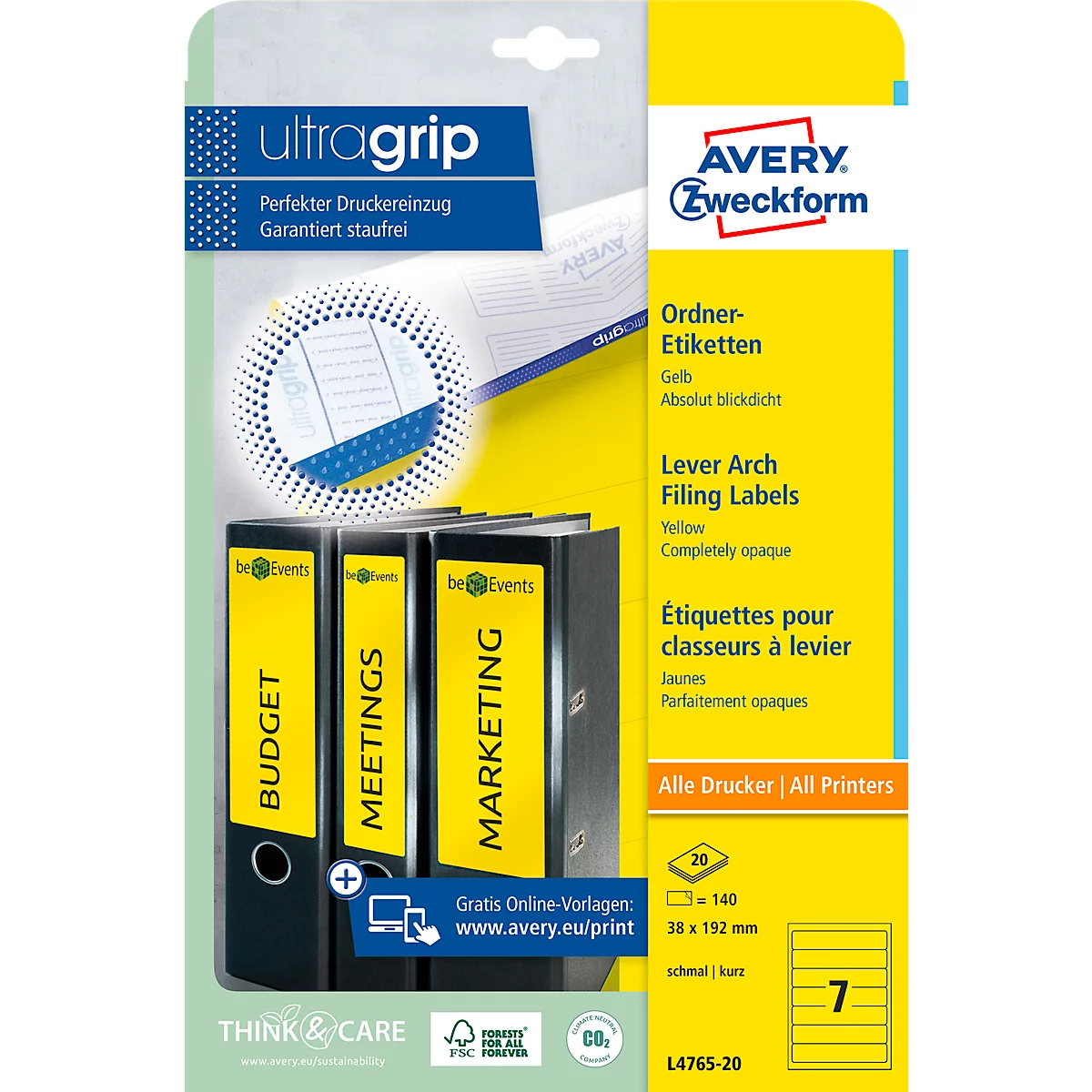 AVERY® Zweckform Ordner-Etiketten, ultragrip, schmal, gelb, 140 Stück