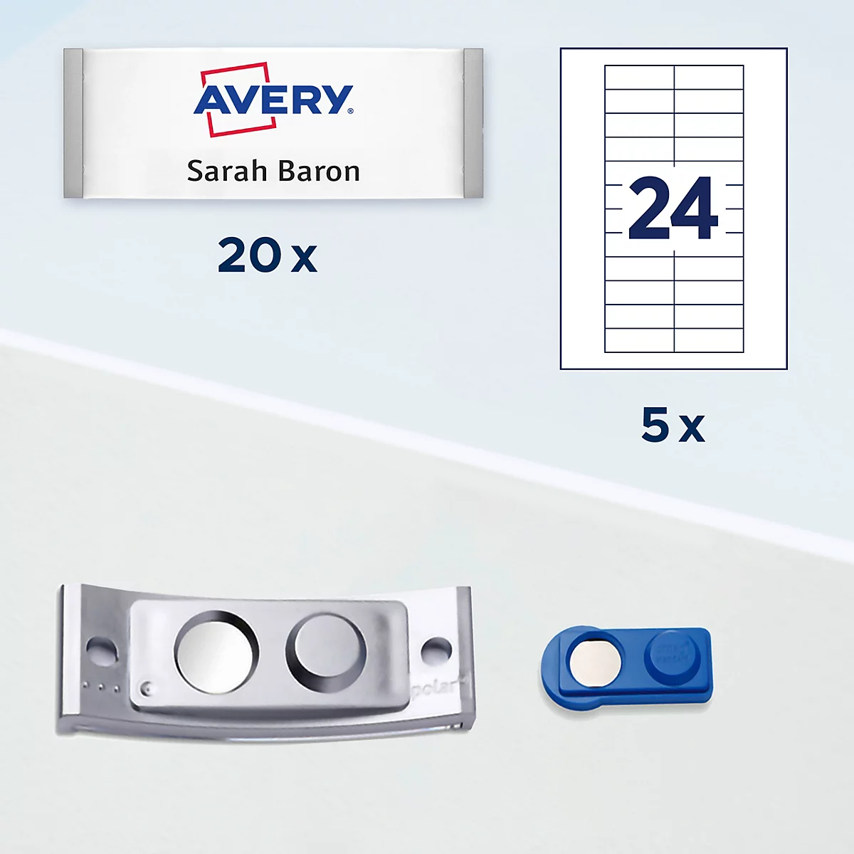Badge nominatif avec logo Avery et nom Sarah Baron, avec deux types de fixations magnétiques et une feuille d'étiquettes.