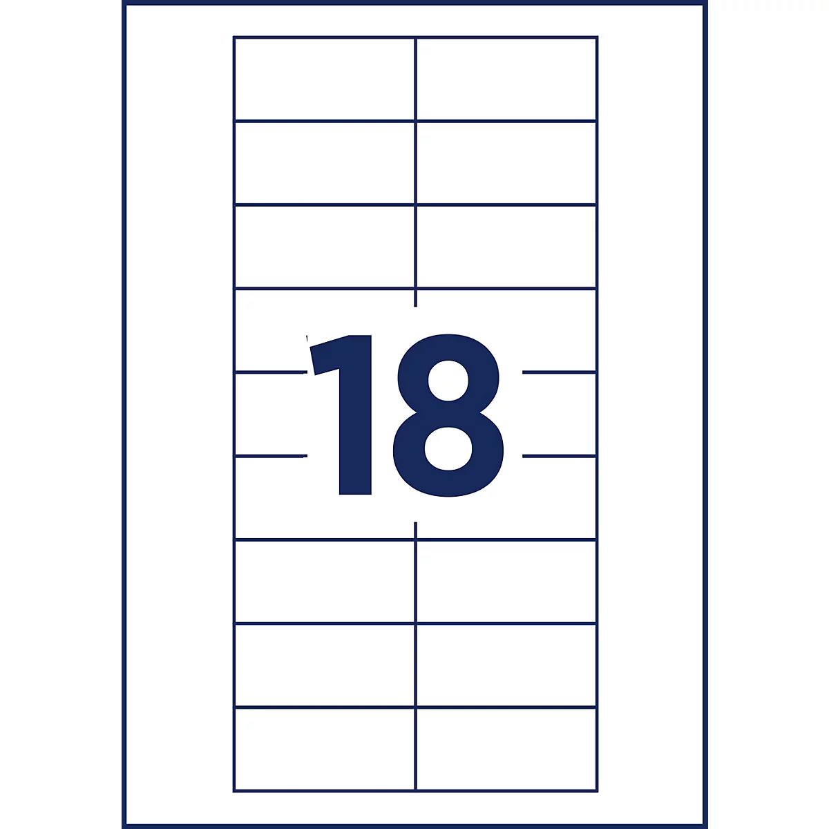 Een wit vel papier met een raster van 18 rechthoekige labelvelden, omrand door een donkerblauwe rand.