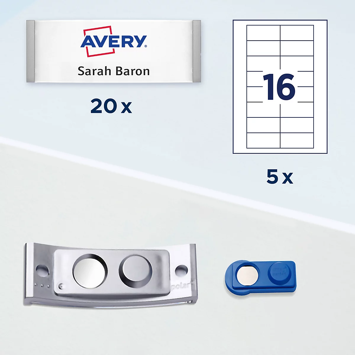 Set de badges Avery avec 20 badges, 5 planches de 16 étiquettes chacune et fixations magnétiques.