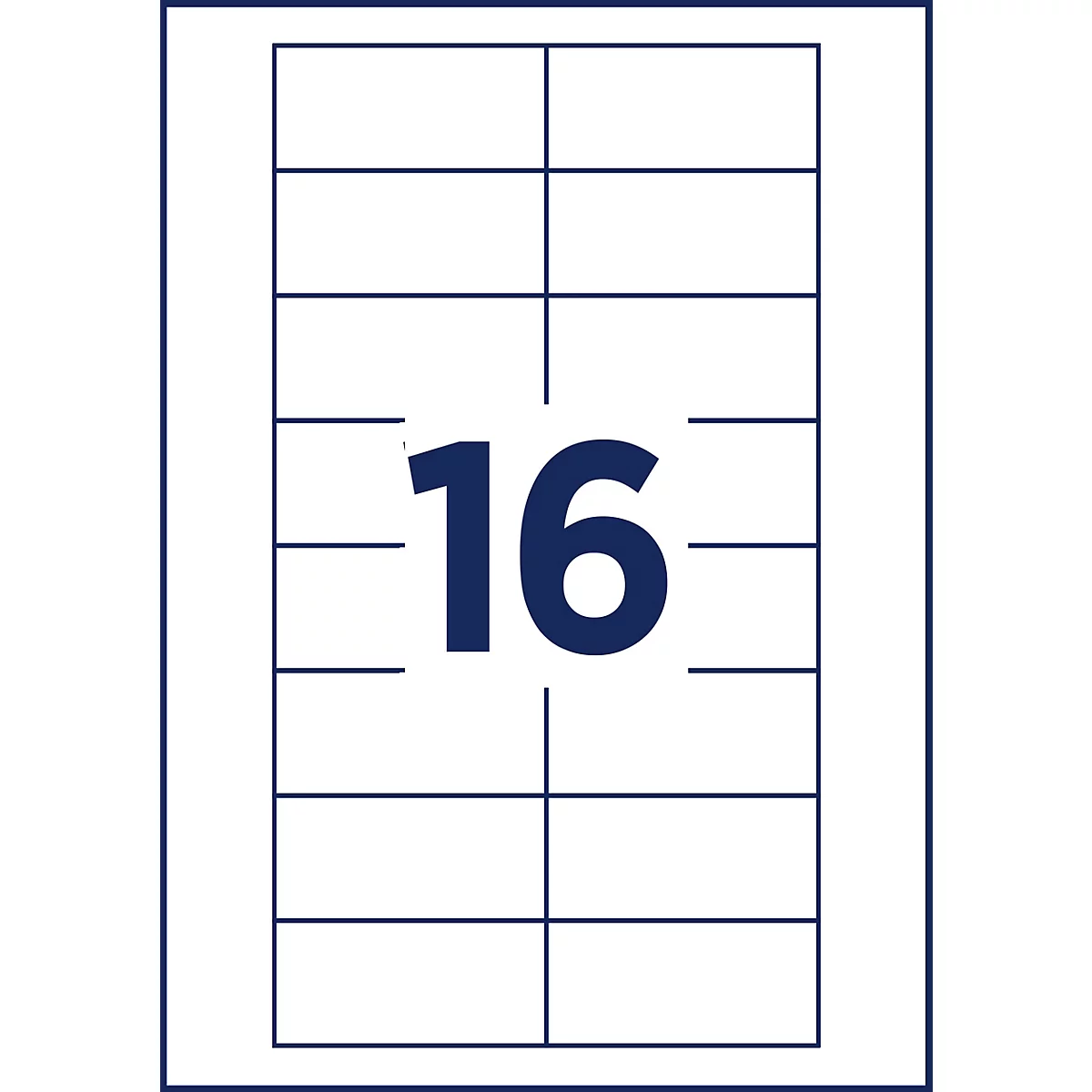 Ein rechteckiges Blatt mit 16 gleich großen, angeordneten Etikettenfeldern und einer großen Zahl 16 in der Mitte.