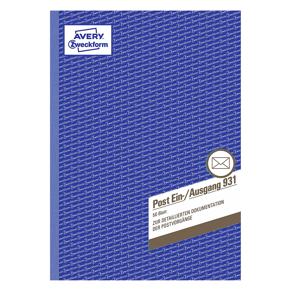 Blue book with white lettering. Inscription: Avery Zweckform, Post Incoming/Outgoing 931. 50 sheets for detailed documentation of mail processes.
