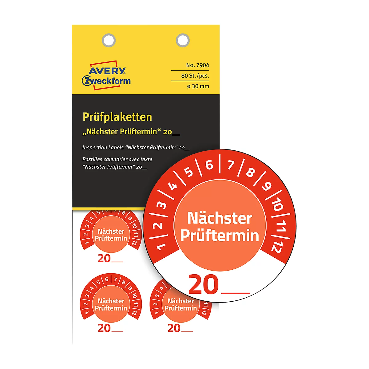 Avery Zweckform Prüfplakette 7904 „Nächster Prüftermin“ 20__zum Selbereintragen, extrem robust, Ø 30 mm, 80 Stück/10 Bogen, Vinylfolie, rot