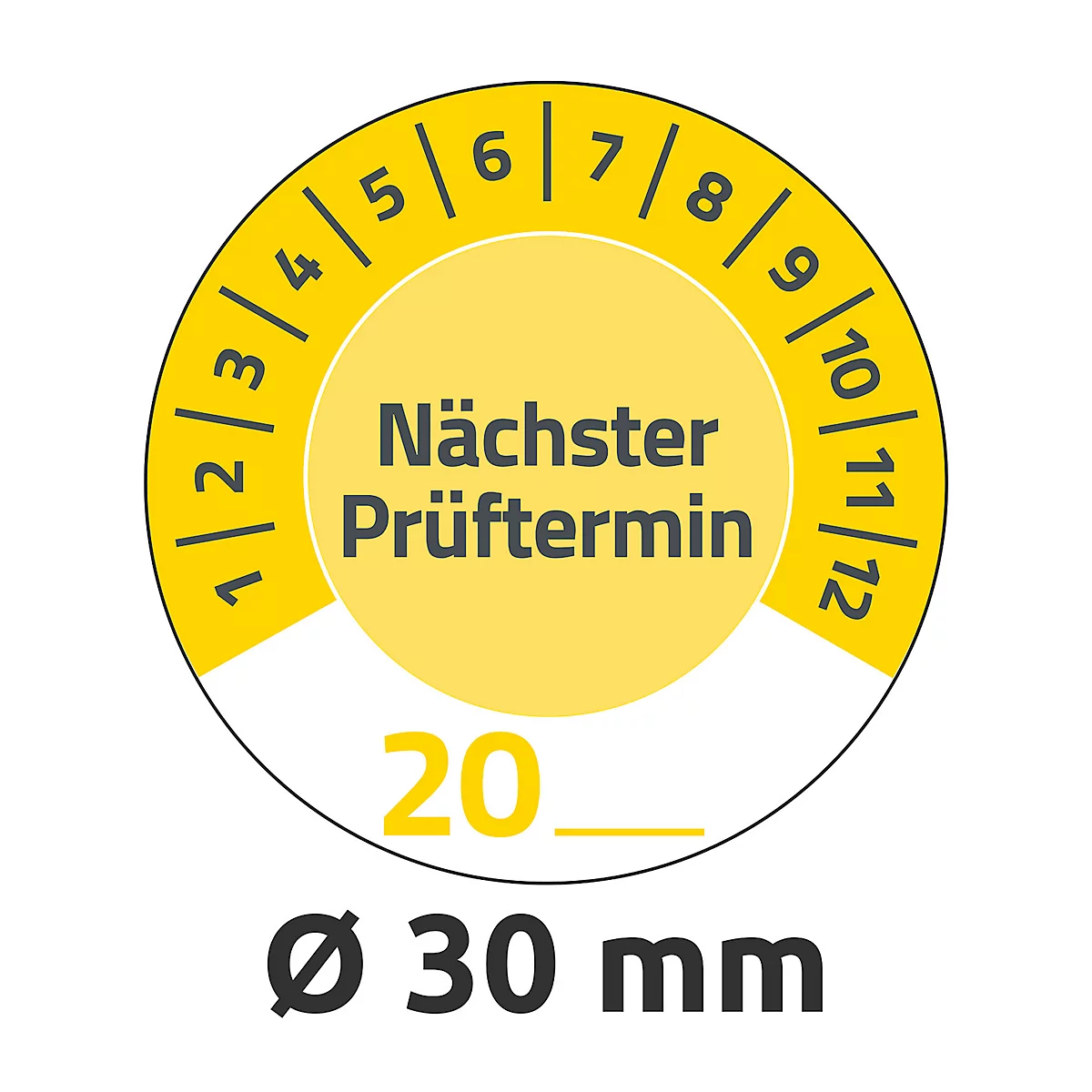 Avery Zweckform Prüfplakette 7905 „Nächster Prüftermin“ 20__zum Selbereintragen, extrem robust, Ø 30 mm, 80 Stück/10 Bogen, Vinylfolie, gelb